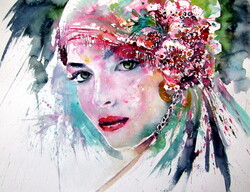 Kovács Anna Brigitta: Beauty with flower  - watercolor painting/ Szépség virágokkal