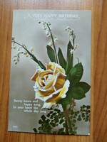 Régi virágos képeslap,sárga rózsa, gyöngyvirág, 1927 -ből