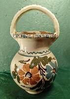 Füles, kezel festett népies motívumokkal díszített cserép szilke - 21 cm