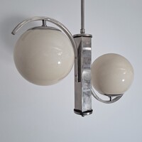 Art deco - Bauhaus 2 égős nikkelezett, asszimetrikus csillár felújítva - krémszínű gömb búrák
