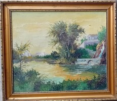 Valent Ede József ( Miskolci festő) Vízesés romantikus romokkal , tájkép