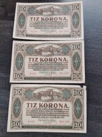 10 korona 1920 3x sorszámkövető hajtatlan sarokhibával