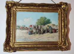 Gutaházy Németh Gyula szignált festménye - vidéki jelenet díszes aranyozott keretben