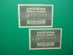 Németország 2*10 márka 1920 aUNC sorszámkövető