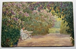 Virágos park padon olvasó nővel – régi művészeti képeslap