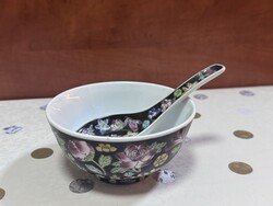 Kínai kézzel festett „ezer virág” porcelán tálka és kanál – Zhongguo Jingdezhen