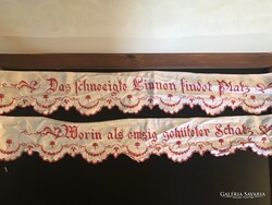 POLCSÍK - 2 db - HÍMZETT  - KÉZIMUNKA - MUZEÁLIS - 108 x 12 cm - LENVÁSZON - HIBÁTLAN