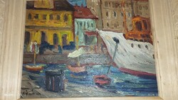 Fábián Gyula (Losonc) Hajó a kikötőben. Olaj.  Florentin jellegű Faragott keretben