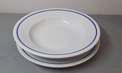 Régi Zsolnay kék szegélyes tányérszett , lapos és mély , vastag régi porcelán