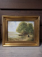Sznopek szignós tájkép festmény, olaj, falap, MNG kiviteli engedéllyel, 30x40 cm+ keret