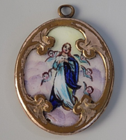 Antik Szűz Mária porcelán aranyozott keretes medál