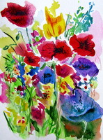 Kovács Anna Brigitta:Wildflowers field with poppies- watercolor painting-Vadvirágos mező pipacsokkal