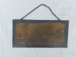 Gravírozott réztábla lánccal Pécs, Széchenyi tér 28x14 cm