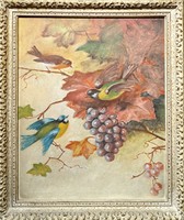 Idilli csendélet színes madarakkal és szőlővel (olajfestmény keretben)