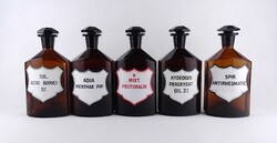 1Y970 Régi nagyméretű barna színű gyógyszertári patika üveg csomag 5 darab üveg tégely 21.5 cm