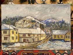 NAGYMÉRETŰ VÁROSKÉP, TÁJKÉP, OLAJ, FALAP FESTMÉNY 98 X 65 CM