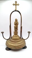 Antik vallási gyertyatartó feszülettel – fa és fém, 19–20. sz. forduló