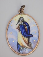Antik, Szűz Mária mennybemenetele tűzzománc ,14 k arany keretben medál