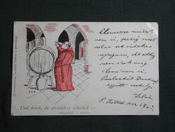 Képeslap,humor,vicc,grafikai,borkostoló szerzetes,Schiller idézet,És hallgasd, ezüstösen csobog,1898