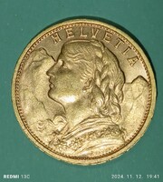 Svájci 20 Frank Helvetia 900 finomságú, 6,45 g, aranyérem 1902.