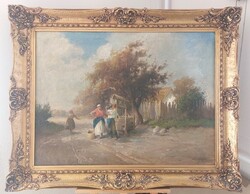 Hatalmas Ács Ágoston falusi életkép festmény 120x95 cm kerettel