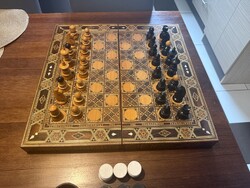 Gyönyörű intarziás sakk és backgammon tábla 51x51cm