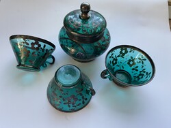 Retró velencei, ezüsttel díszített üveg kávés csészék és cukortartó