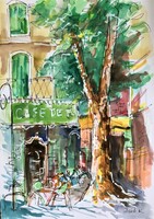 Cafe de France art by Konrad Biro .A4 akvarell! Akciós Fix ár! Kihagyhatatlan!