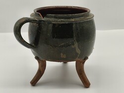Antik néprajzi mázas háromlábú cserép fazék / lábas (tűz fölé való).