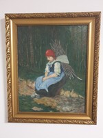 Munkácsy Mihály: Rőzsehordó nő – kézzel festett 1963-as reprodukció, 40×50 cm