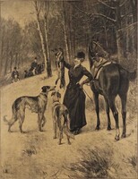 1Y991 Mucharski : Die Siegerin vadászjelenet (A győztes) antik vadász nyomat 30 x 23 cm