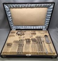 Antik ezüst 6 személyes étkészlet, evőeszköz készlet 49 db dobozában