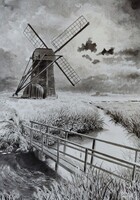 Szélmalom tus festmény 25x35 cm