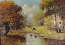 1Y996 Őszi tópart vadkacsákkal - jelzett olaj festmény 69.5 x 49.5 cm