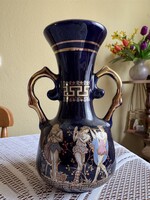 Görög kézzel készített kobaltkék amfora váza – 24K aranyozással