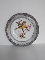 Seltmann Weiden Bavaria jelzett mázas porcelán dísztányér BMF fém perem sárgarigó madár minta 23cm