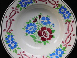 Wilhelmsburgi antik keménycserép tányér búzavirággal, töviskoszorúval 23 cm