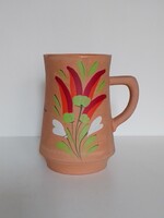 Népi kalocsai virág paprika mintás belül mázas kézzel festett agyag kerámia korsó kancsó váza 16 cm