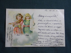 Képeslap,litho,grafikai,gyerek modell,angyal,hangszer,hegedű,Pécs,Pécsvárad bélyegzés,1898-