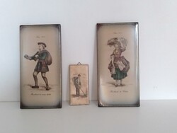 Három régi mázas kerámia díszcsempe csempe kép francia illusztrációkkal vintage fali dekoráció