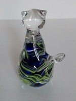 Kedves bájos Mdina Glass Malta kézzel készített üveg cica tarka macska figura kék zöld csík 8,5 cm