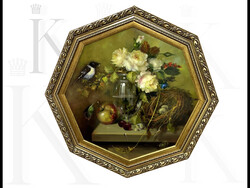 Fürst József szignós, keretezett 8 szögletű olaj csendélet 60 cm díszes keretben