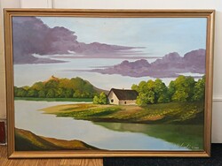 Szabó László , Patak mentén 60x40cm tájkép- olajfestmény . Kisautó, játék csere is érdekel