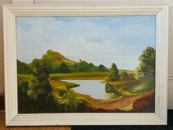 Szabó László, tájkép tóval 70x50cm olajfestmény. Kisautó, játék csere is érdekel