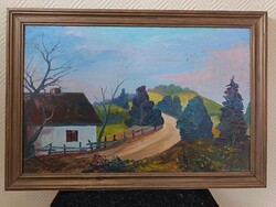 Szabó László, út a hegyre 52x38!! cm olaj/farost festmény. Kisautó, játék csere is érdekel