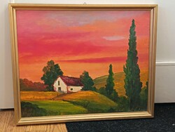 Szabó László , ház nyárfákkal 70x50cm olajfestmény. Kisautó, játék csere is érdekel