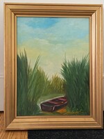 Szabó László , csónak a nádasban 34x45cm olajfestmény. Kisautó, játék csere is érdekel