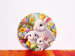 Húsvéti ajtódísz, fali dekoráció, 3 fehér nyuszi, csibe, tojás, virág mintával, átmérő 20 cm