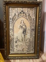 Antik XIX. századi neogótikus falikárpit Szűz Mária 75x47 cm, nagyon szép állapotban