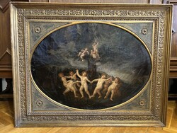 Antik festmény táncoló angyalok puttók Albani kupidók tánca 19. sz. másolata szép antik keretben